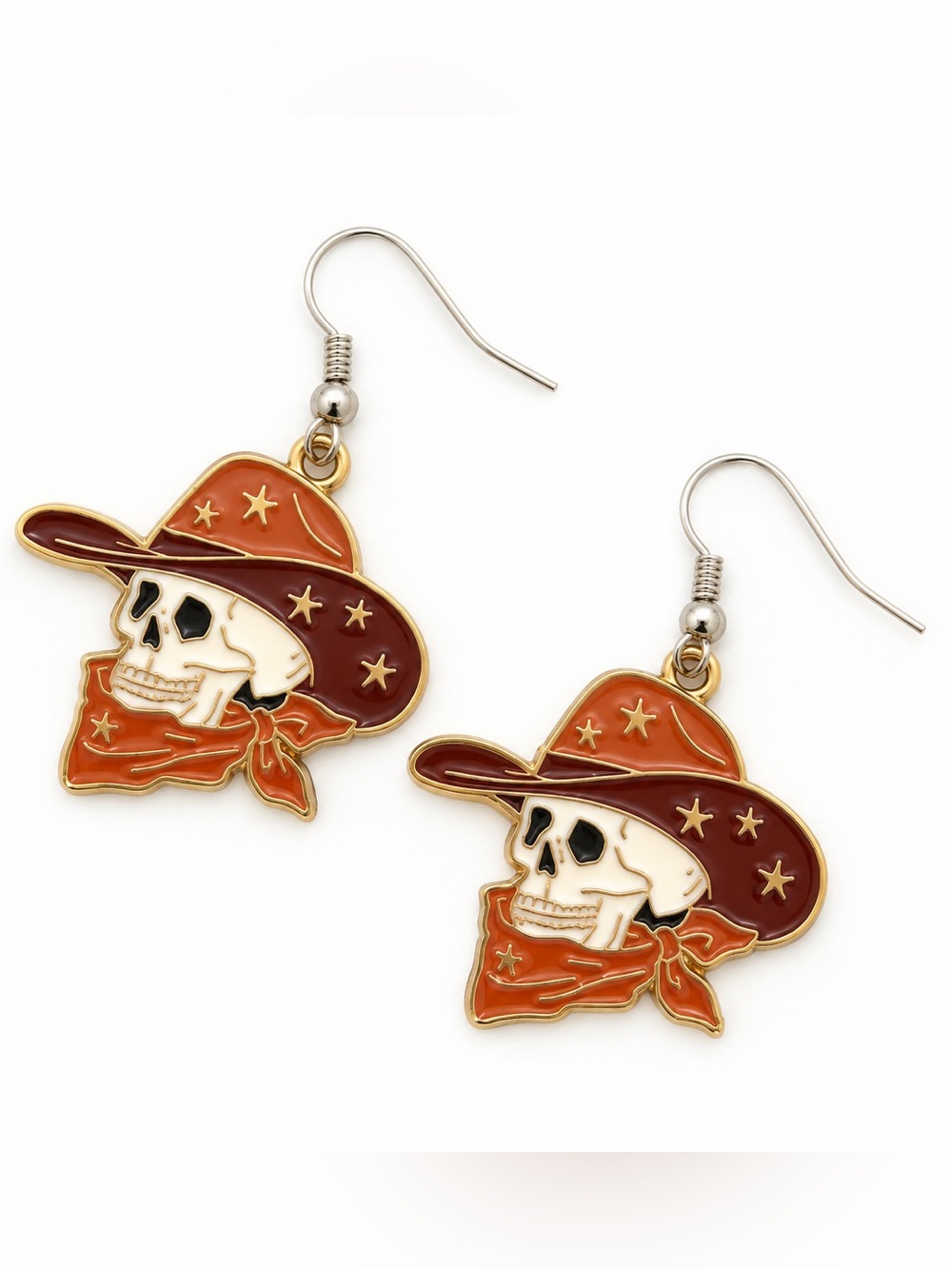 Cowboy Skull Dangle Earrings in Orange and Cream